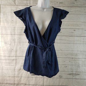 Modcloth Womens Top Sz Large Blue‎ Polka Dot Cap Sleeve V-Neck Belted